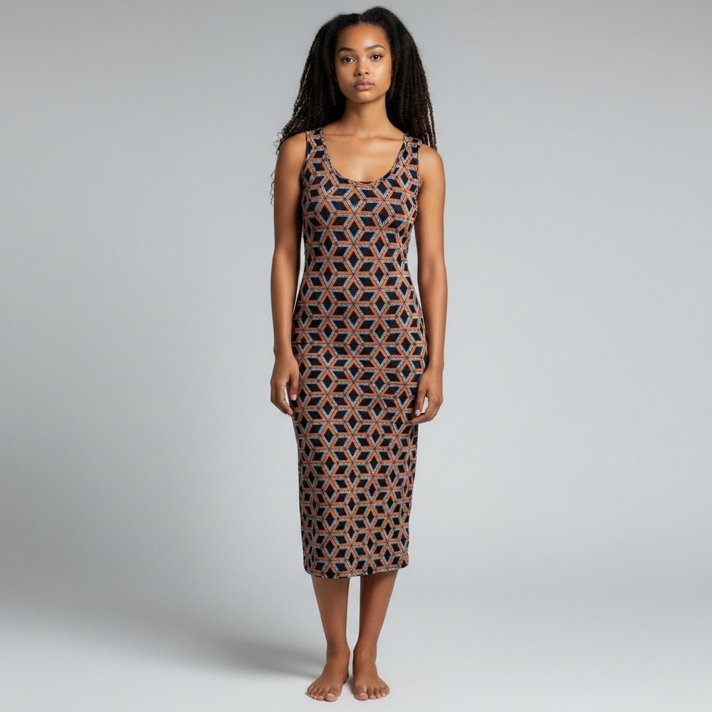 Sans Souci Womens Geometric Print Sleeveless Midi Sheath Dress Orange Navy Blue
